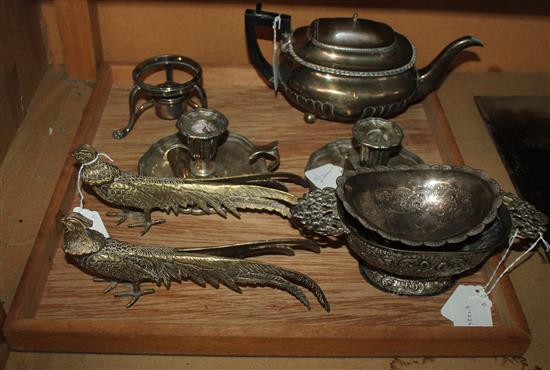 South African white metal bowl, pair model pheasants, pair chambersticks & snuffers & sundry plate